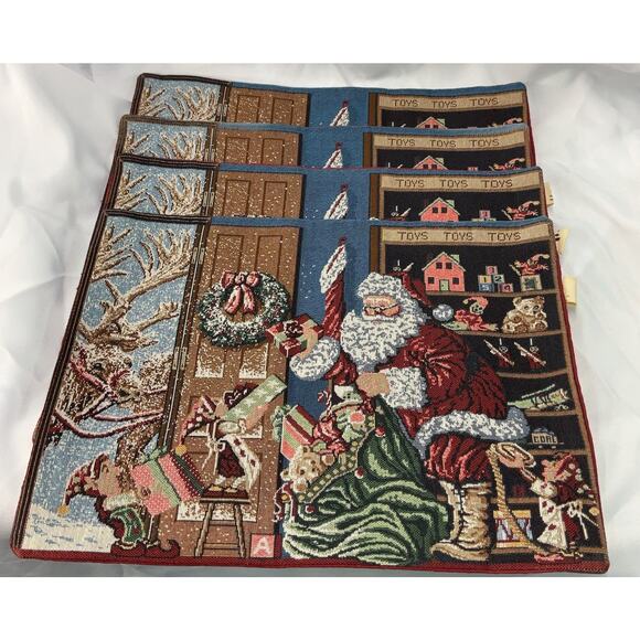 4 Tapestry Placemats Santa Elf Toys Gifts Christmas Holiday 17x13 Read - Picture 1 of 8
